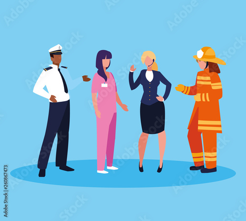 firefighter with group of professionals