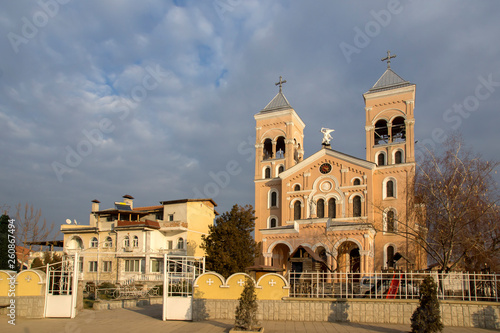 Sunset view of The Roman Catholic church of St Michael the Archangel in town of Rakovski, Bulgaria