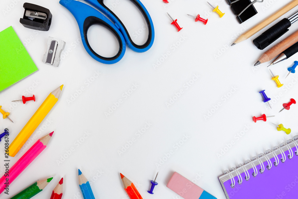 Writing and drawing supplies on a white background. Stationary copy space. Writing and drawing supplies on a white background. Stationary copy space.