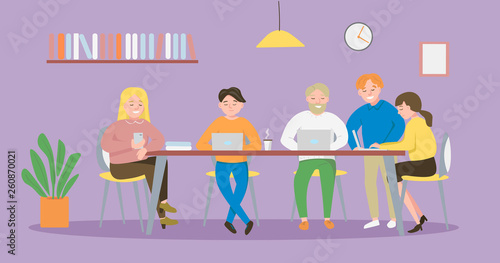 Coworking place with working people sitting at the table. Business team working together at the big desk with laptops. Flat design vector illustration.