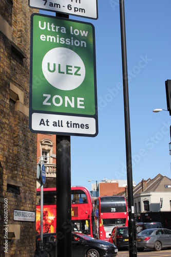 London, UK - April 9 2019: ULEZ (Ultra low emission zone) new charge London prepare for new Ultra Low Emission Zone (ULEZ) with warning signage in central London. The ULEZ, £12.50 from 8th april © cheekylorns