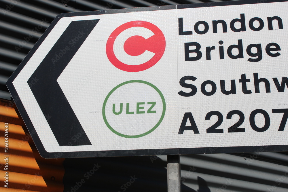 London, UK - April 9 2019: ULEZ (Ultra low emission zone) new charge London prepare for new Ultra Low Emission Zone (ULEZ) with warning signage in central London. The ULEZ, £12.50 from 8th april London, UK - April 9 2019: ULEZ (Ultra low emission zone) new charge London prepare for new Ultra Low Emission Zone (ULEZ) with warning signage in central London. The ULEZ, £12.50 from 8th april