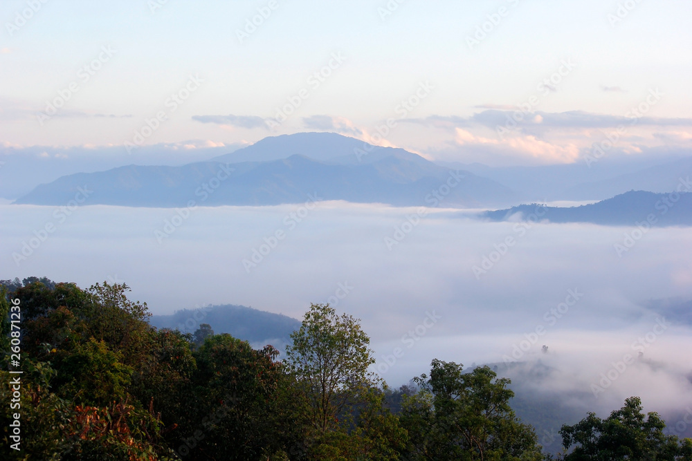 sea fog in the hills with beautiful sky background