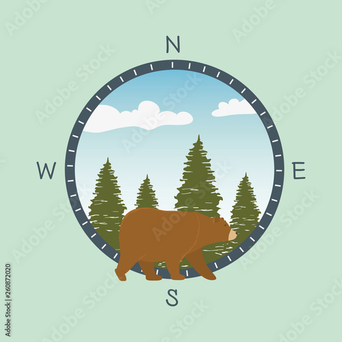 wanderlust label with landscape and bear grizzly scene
