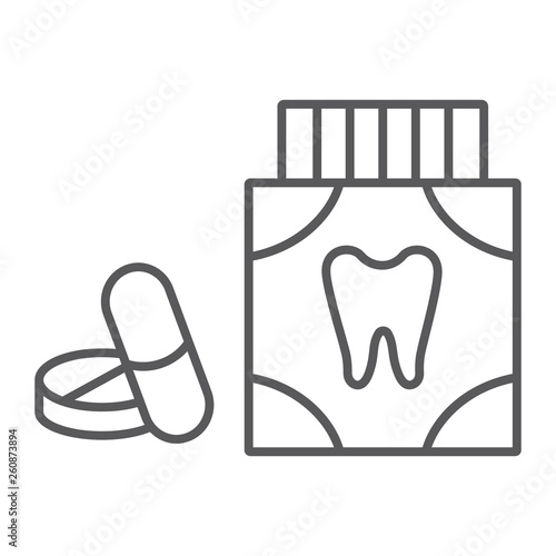Toothache painkiller tablets thin line icon, stomatology and dental, dentistry pills sign, vector graphics, a linear pattern on a white background.