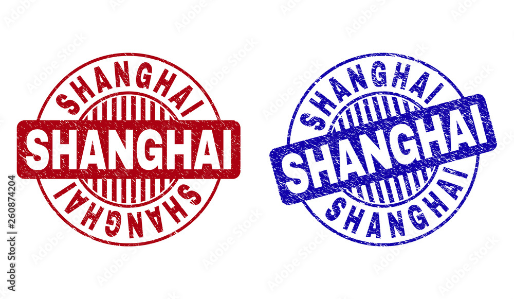 Grunge SHANGHAI round stamp seals isolated on a white background. Round seals with grunge texture in red and blue colors. Vector rubber imprint of SHANGHAI tag inside circle form with stripes. Grunge SHANGHAI round stamp seals isolated on a white background. Round seals with grunge texture in red and blue colors. Vector rubber imprint of SHANGHAI tag inside circle form with stripes.