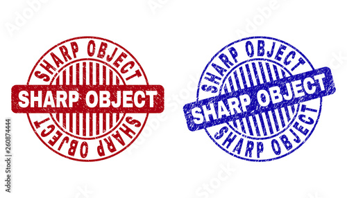 Grunge SHARP OBJECT round stamp seals isolated on a white background. Round seals with grunge texture in red and blue colors.