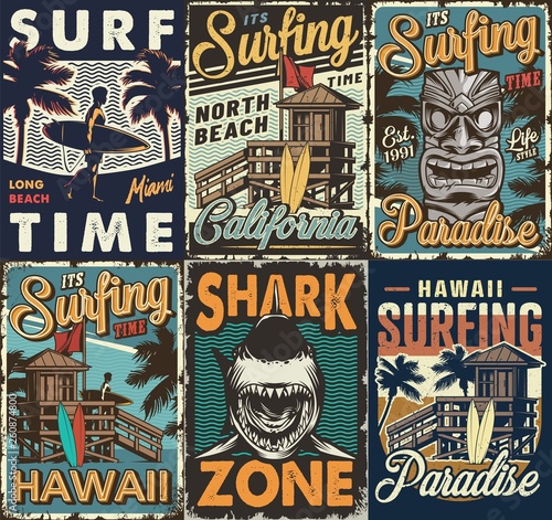 Vintage colorful surfing posters set