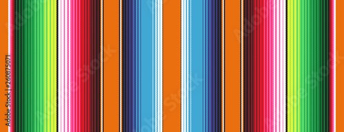 Orange Blue Green Mexican Blanket Serape Stripes Seamless Vector Pattern. Rug Texture with Threads. Background for Cinco de Mayo Decor or Mexican Food Restaurant Menu. Pattern Tile Swatch Included