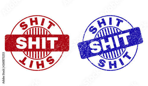 Grunge SHIT round stamp seals isolated on a white background. Round seals with grunge texture in red and blue colors. Vector rubber watermark of SHIT tag inside circle form with stripes.