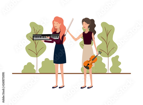 women with musical instruments in landscape