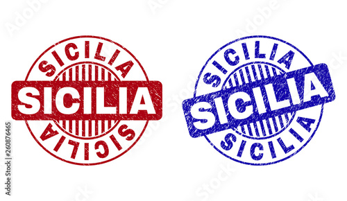 Grunge SICILIA round stamps isolated on a white background. Round seals with grunge texture in red and blue colors. Vector rubber imitation of SICILIA label inside circle form with stripes.