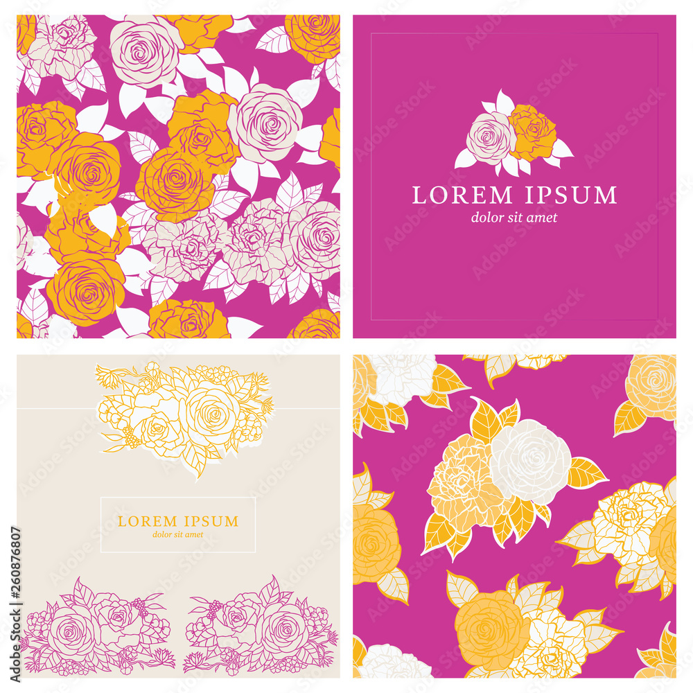 Beautiful rose flowers wedding template and pattern design set