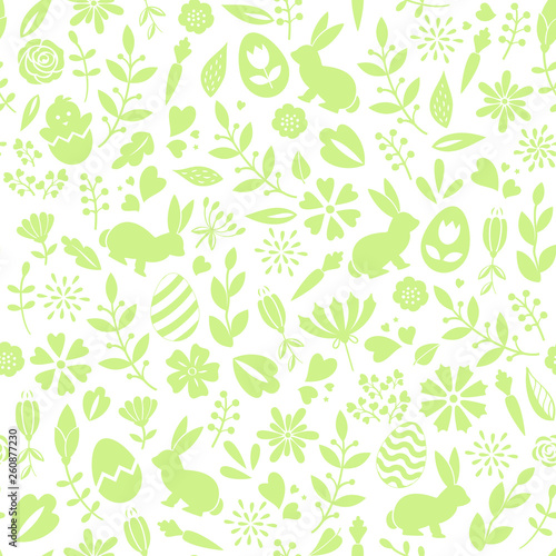 Floral seamless easter pattern with eggs, bunnies, flowers and branches. For spring design, greeting cards, posters, invitations, fabrics, scrapbooking, gift wrap, wallpapers. Vector easter background
