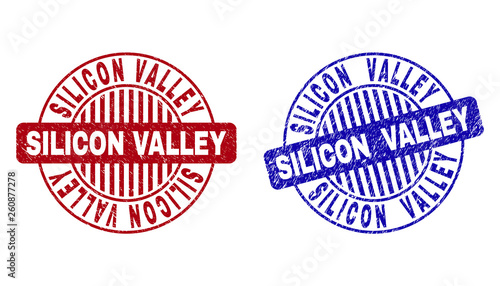 Grunge SILICON VALLEY round stamp seals isolated on a white background. Round seals with grunge texture in red and blue colors.