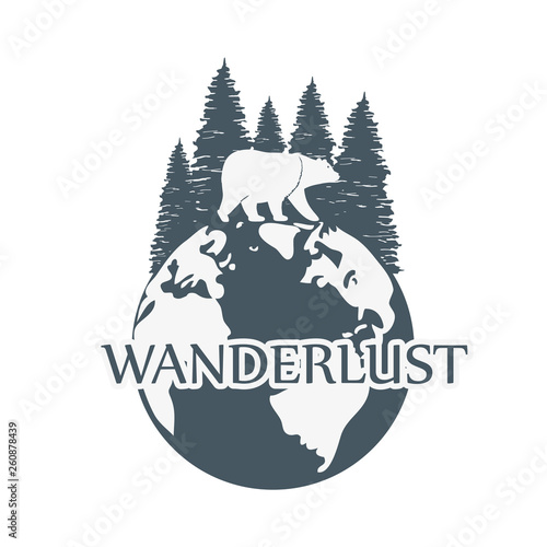 wanderlust label with forest scene and grizzly bear