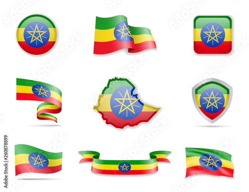 Ethiopia flags collection. Vector illustration set flags and outline of the country.