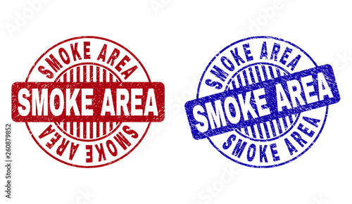 Grunge SMOKE AREA round stamp seals isolated on a white background. Round seals with distress texture in red and blue colors. Vector rubber imitation of SMOKE AREA tag inside circle form with stripes.