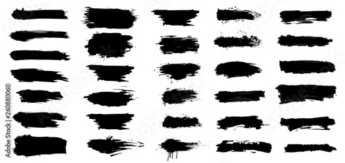 Set of brush strokes, Black ink grunge brush strokes.Black inked splatter, dirt stain. Ink strokes with drops blots. Isolated grunge silhouette set. Vector illustration.