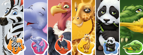 Wild animals. Zebra, elephant, vulture, giraffe, panda, crocodile. 3d vector icon set