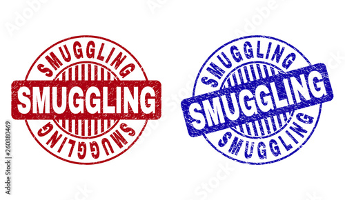 Grunge SMUGGLING round stamp seals isolated on a white background. Round seals with grunge texture in red and blue colors. Vector rubber overlay of SMUGGLING label inside circle form with stripes.