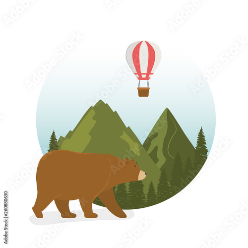 wanderlust label with landscape and bear grizzly scene