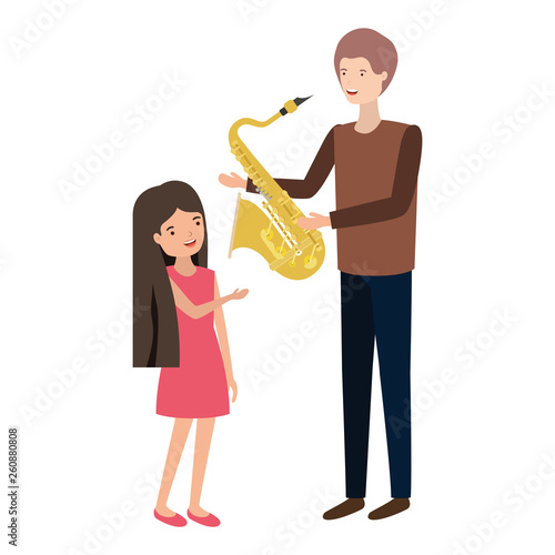 man with daughter and saxophone character