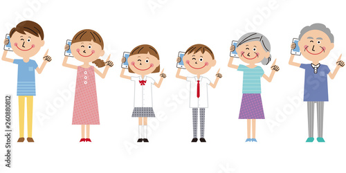 ポップな3世代家族　携帯電話を持って指差し