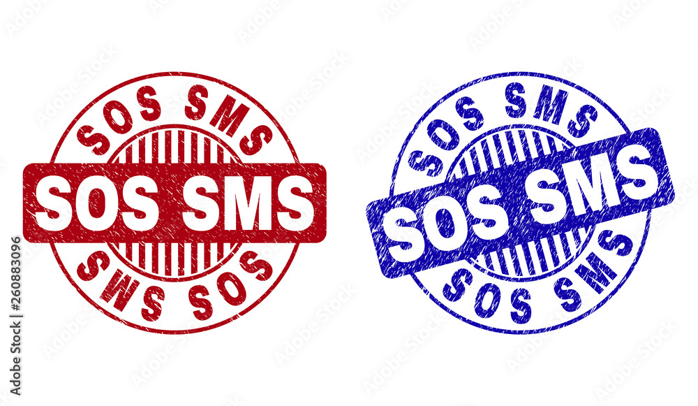 Grunge SOS SMS round stamp seals isolated on a white background. Round seals with distress texture in red and blue colors. Vector rubber imitation of SOS SMS label inside circle form with stripes. Grunge SOS SMS round stamp seals isolated on a white background. Round seals with distress texture in red and blue colors. Vector rubber imitation of SOS SMS label inside circle form with stripes.