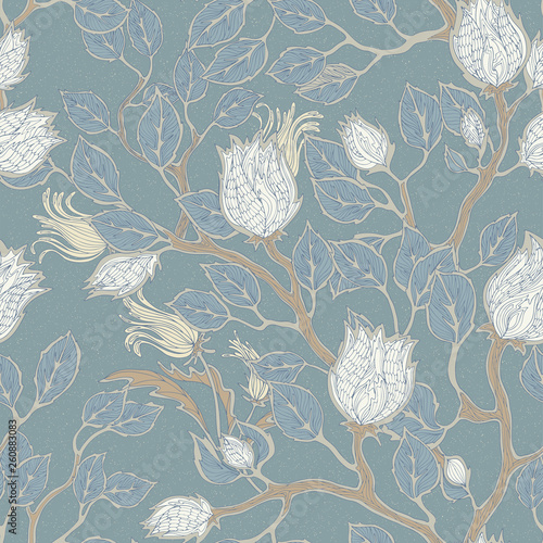 Pale turquoise seamless vintage hand drawn floral pattern