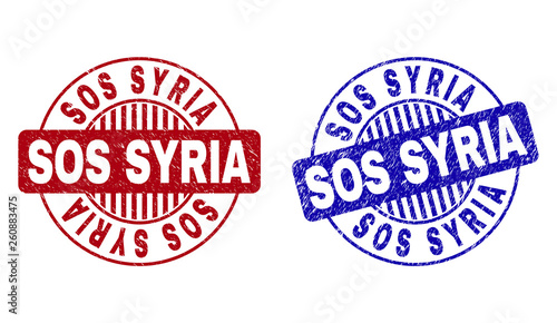 Grunge SOS SYRIA round stamp seals isolated on a white background. Round seals with grunge texture in red and blue colors. Vector rubber imprint of SOS SYRIA caption inside circle form with stripes.