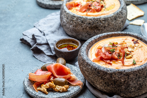 Spanish cold tomato soup Salmorejo. Traditional tomato soup with white bread and olive oil. photo