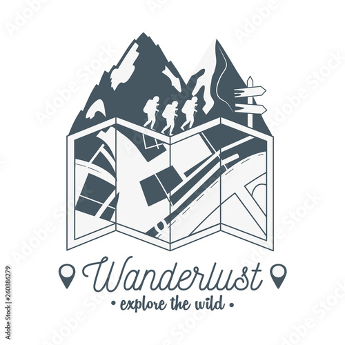 wanderlust label with forest scene and paper map