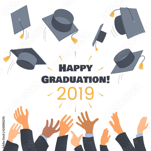 Graduates throwing graduation caps in the air. Composition with hands of students and academic caps. Flat style. Greeting card for education ceremony. Vector illustration.