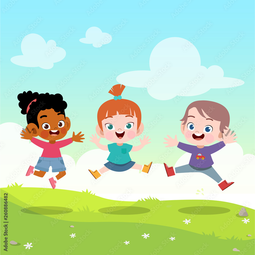kids jump together in the garden vector illustration