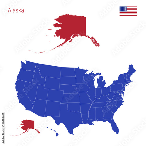 The State of Alaska is Highlighted in Red. Vector Map of the United States Divided into Separate States. photo
