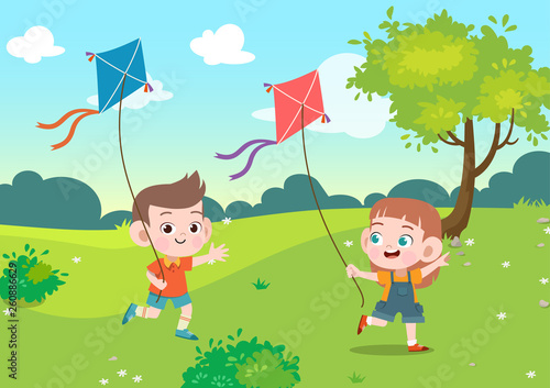 kids play kite together in the garden vector illustration