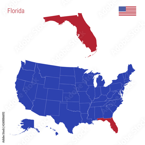 The State of Florida is Highlighted in Red. Vector Map of the United States Divided into Separate States. photo