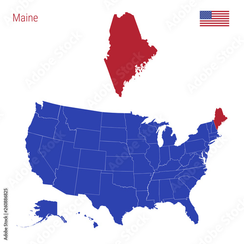 The State of Maine is Highlighted in Red. Vector Map of the United States Divided into Separate States. photo