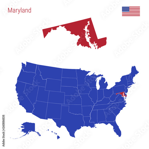 The State of Maryland is Highlighted in Red. Vector Map of the United States Divided into Separate States. photo