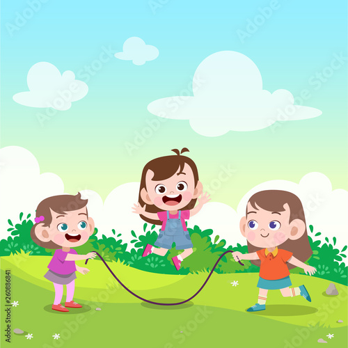 kids play jump rope in the garden vector illustration