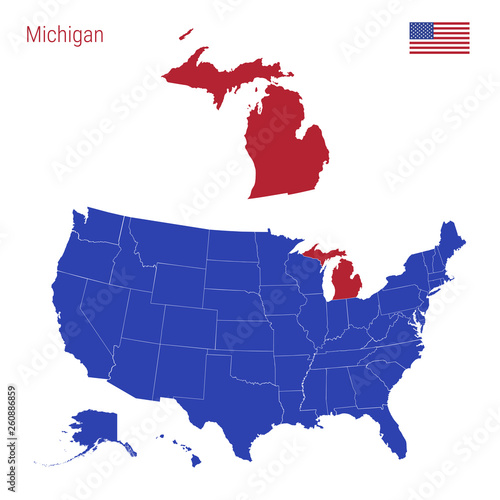The State of Michigan is Highlighted in Red. Vector Map of the United States Divided into Separate States. photo