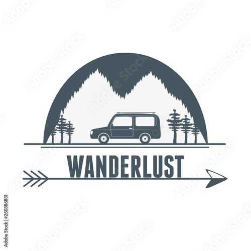 wanderlust label with forest scene and car vehicle