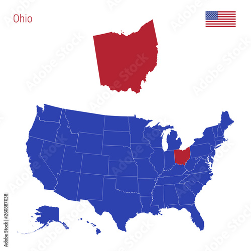 The State of Ohio is Highlighted in Red. Vector Map of the United States Divided into Separate States.