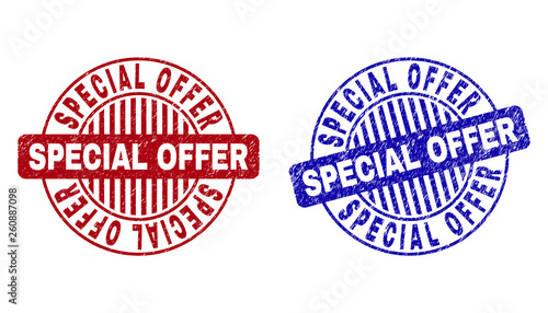 Grunge SPECIAL OFFER round stamp seals isolated on a white background. Round seals with grunge texture in red and blue colors.