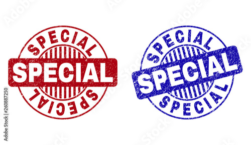 Grunge SPECIAL round stamp seals isolated on a white background. Round seals with distress texture in red and blue colors. Vector rubber imitation of SPECIAL caption inside circle form with stripes.