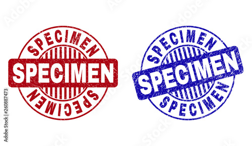 Grunge SPECIMEN round stamp seals isolated on a white background. Round seals with grunge texture in red and blue colors. Vector rubber watermark of SPECIMEN caption inside circle form with stripes.