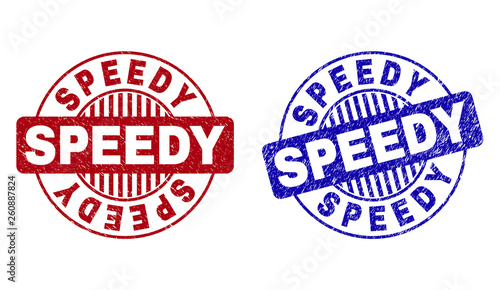 Grunge SPEEDY round stamp seals isolated on a white background. Round seals with grunge texture in red and blue colors. Vector rubber imitation of SPEEDY title inside circle form with stripes.