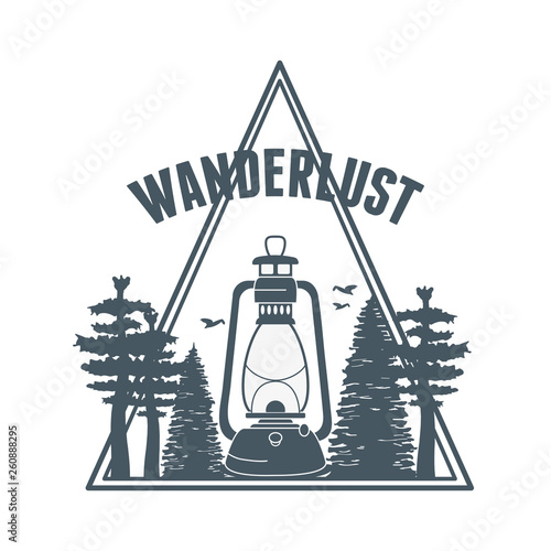 wanderlust label with forest scene and kerosene lamp