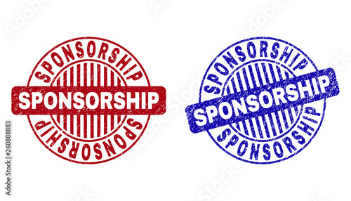 Grunge SPONSORSHIP round stamp seals isolated on a white background. Round seals with distress texture in red and blue colors.